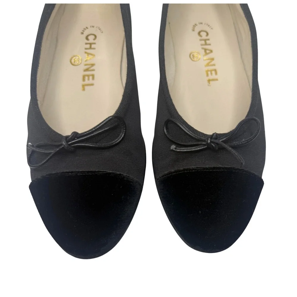 Chanel Black Grosgrain and Velvet Bow Ballet Flats